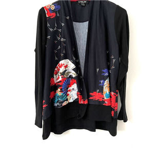 Citron Open Front Asian Fan Print Black Cardigan Size Small/Medium EUC